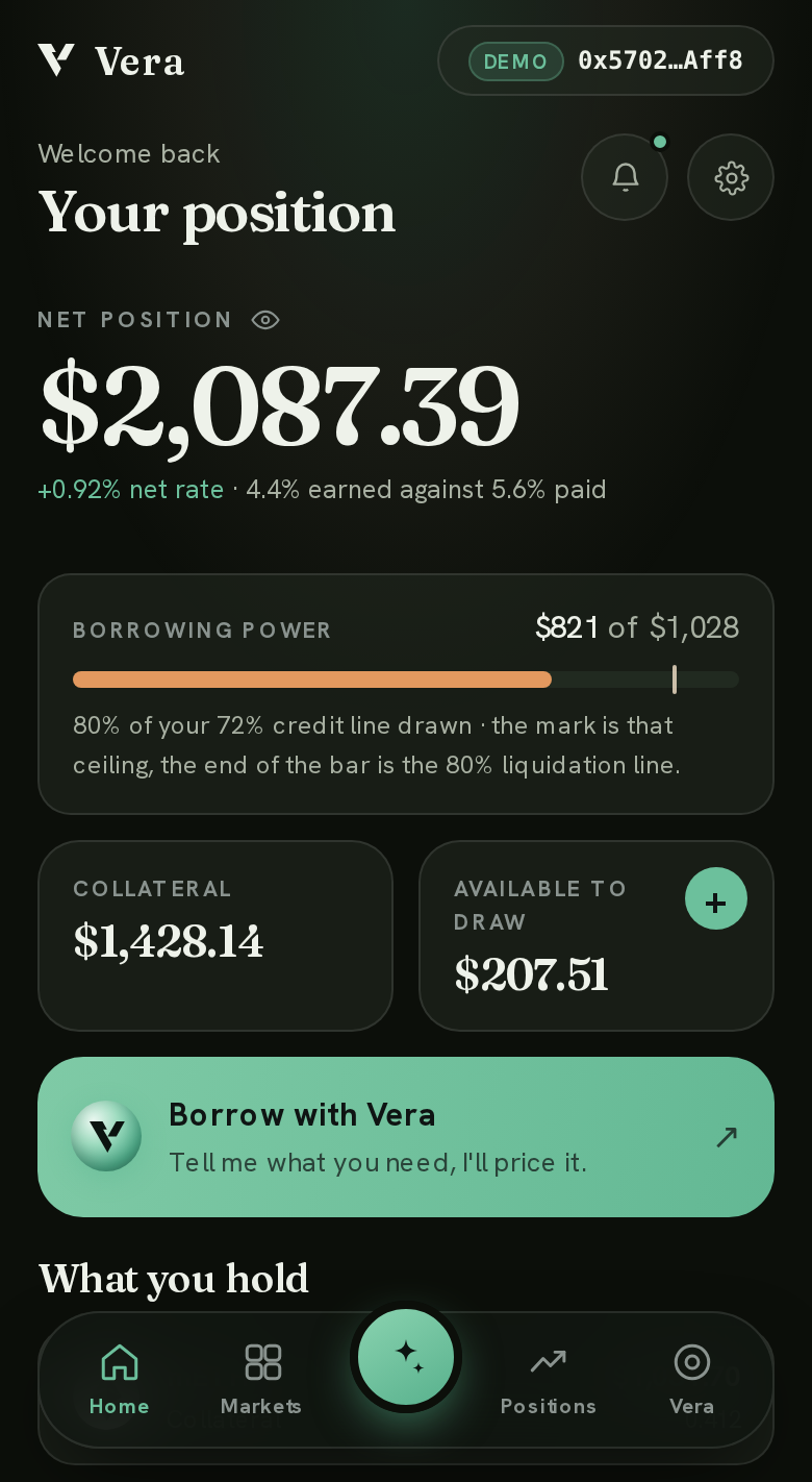 The Vera app on a phone: net position, borrowing power against a credit line, collateral, and the amount available to draw.
